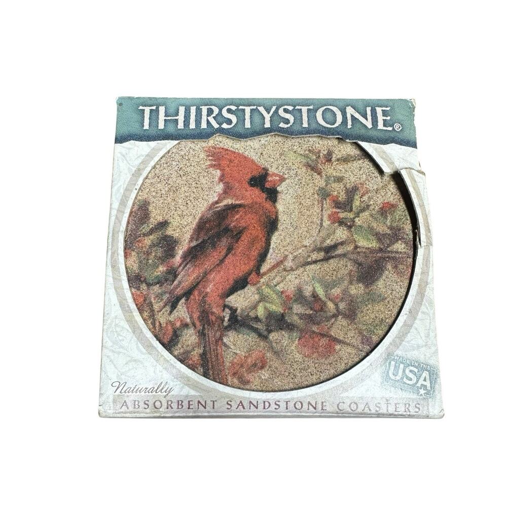 Vtg Thirstystone Set of 4 Winter Cardinal Bird Stone Coasters Cork Back Round 4"